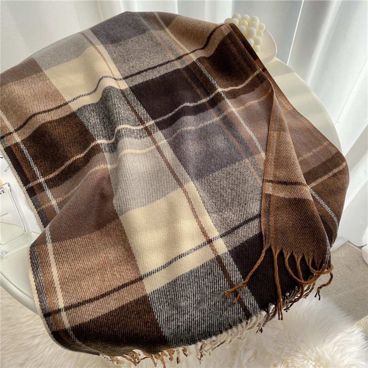Women Scarf Women Winter Plaid Print Long Warm Shawl Beige