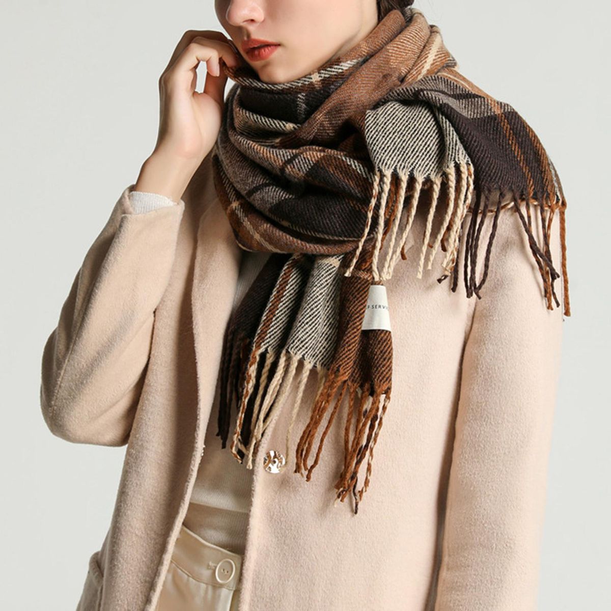Women Scarf Women Winter Plaid Print Long Warm Shawl Beige