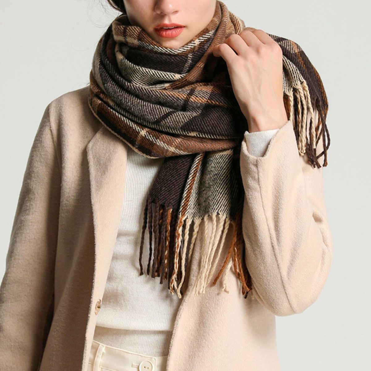 Women Scarf Women Winter Plaid Print Long Warm Shawl Beige