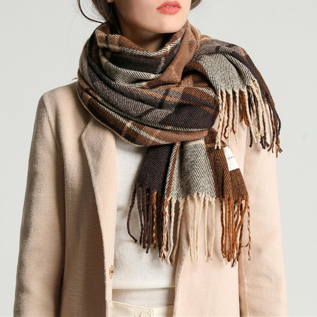 Women Scarf Women Winter Plaid Print Long Warm Shawl Beige