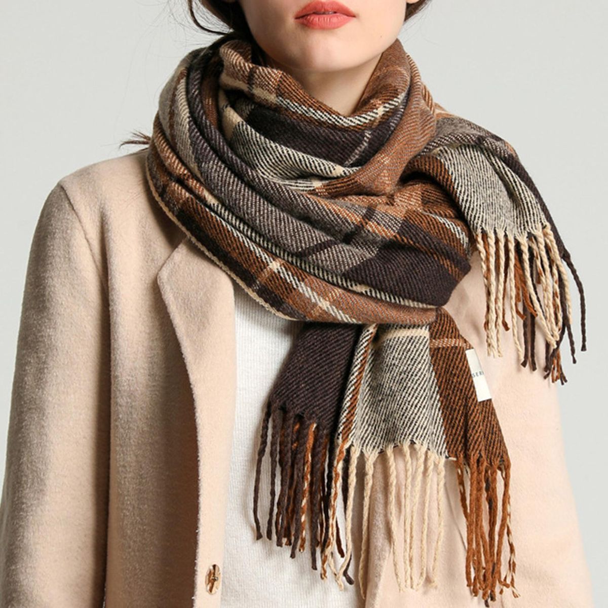 Women Scarf Women Winter Plaid Print Long Warm Shawl Beige
