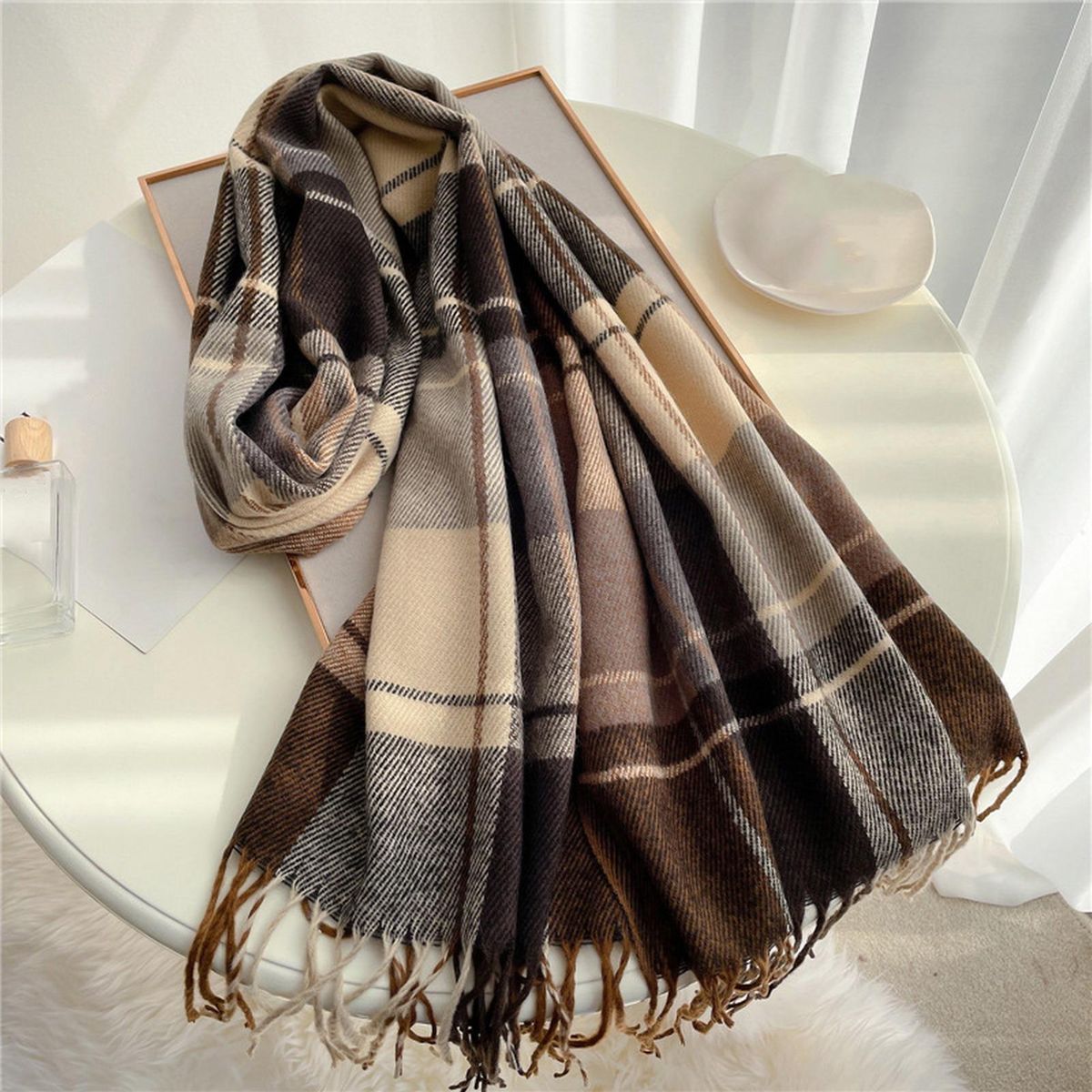 Women Scarf Women Winter Plaid Print Long Warm Shawl Beige