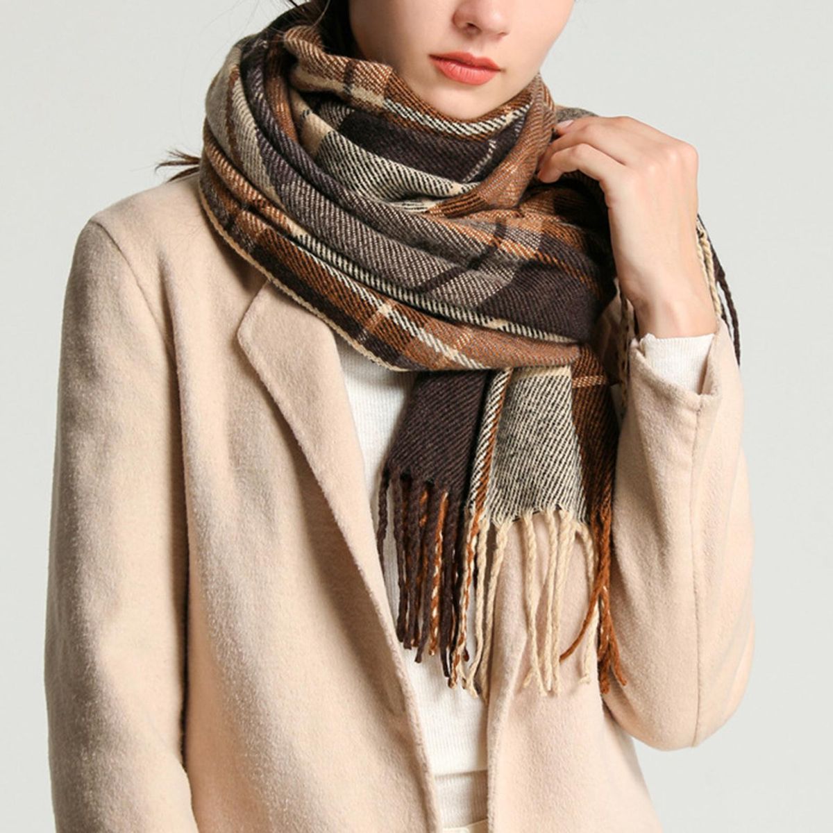Women Scarf Women Winter Plaid Print Long Warm Shawl Beige