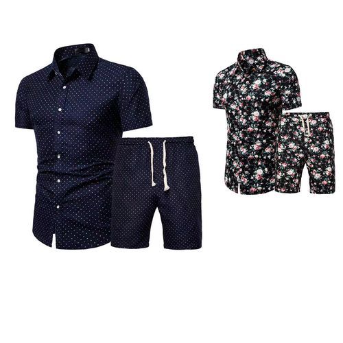 {MijaGrace} Men's Casual Floral Printed Shirt & Shorts 2 Piece Set - Blue
