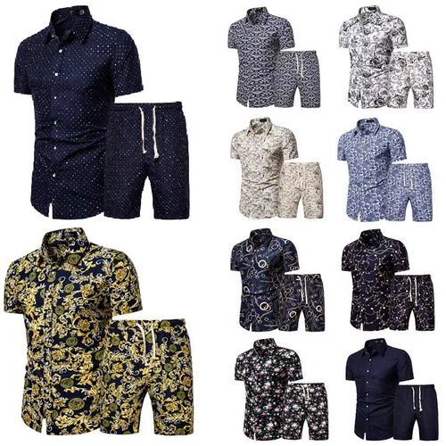 {MijaGrace} Men's Casual Floral Printed Shirt & Shorts 2 Piece Set - Blue