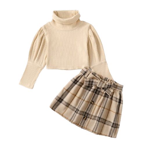 1-6 Years Kid Girl 2PCS Set/Solid Color Sweater+Plaid Skirt