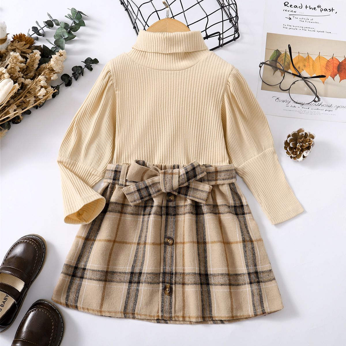 1-6 Years Kid Girl 2PCS Set/Solid Color Sweater+Plaid Skirt