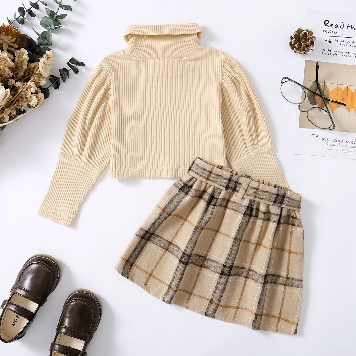 1-6 Years Kid Girl 2PCS Set/Solid Color Sweater+Plaid Skirt