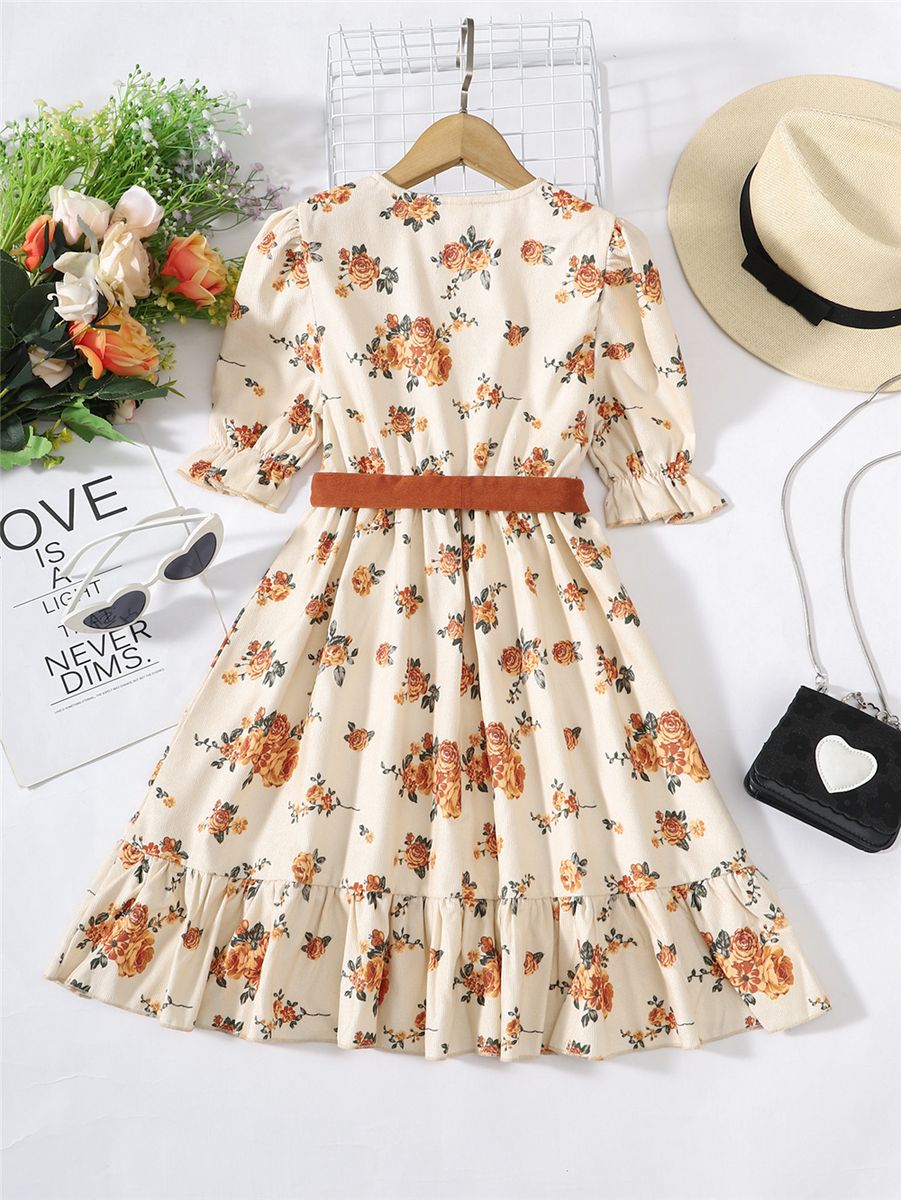 Children Girl Dress Small Floral Print Fly Sleeve Long Lady Dress For 8-12 Years
