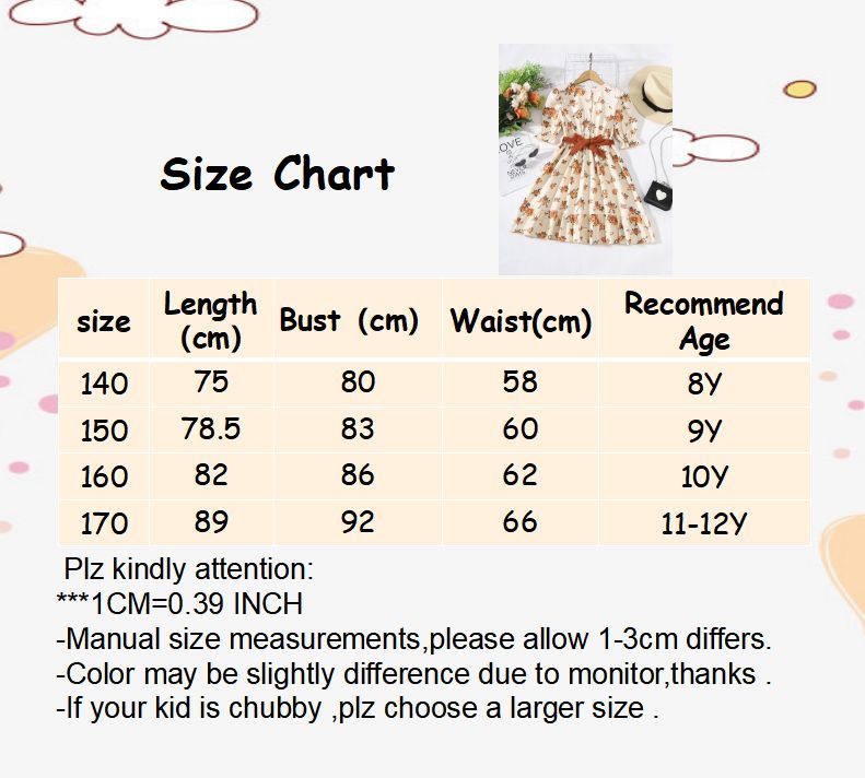 Children Girl Dress Small Floral Print Fly Sleeve Long Lady Dress For 8-12 Years
