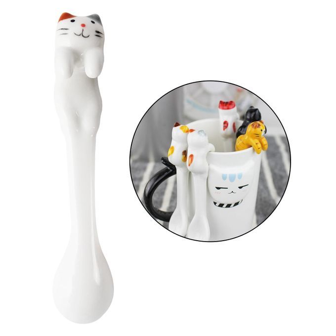 Cute Ceramics Spoon Cat Shape Iced Tea Spoon Teaspoons Gray Brown Cat