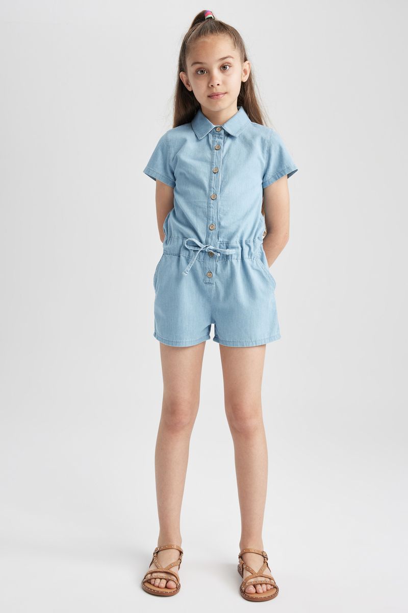 Girl Casual Short Sleeve Denim Jump Suit - Blue
