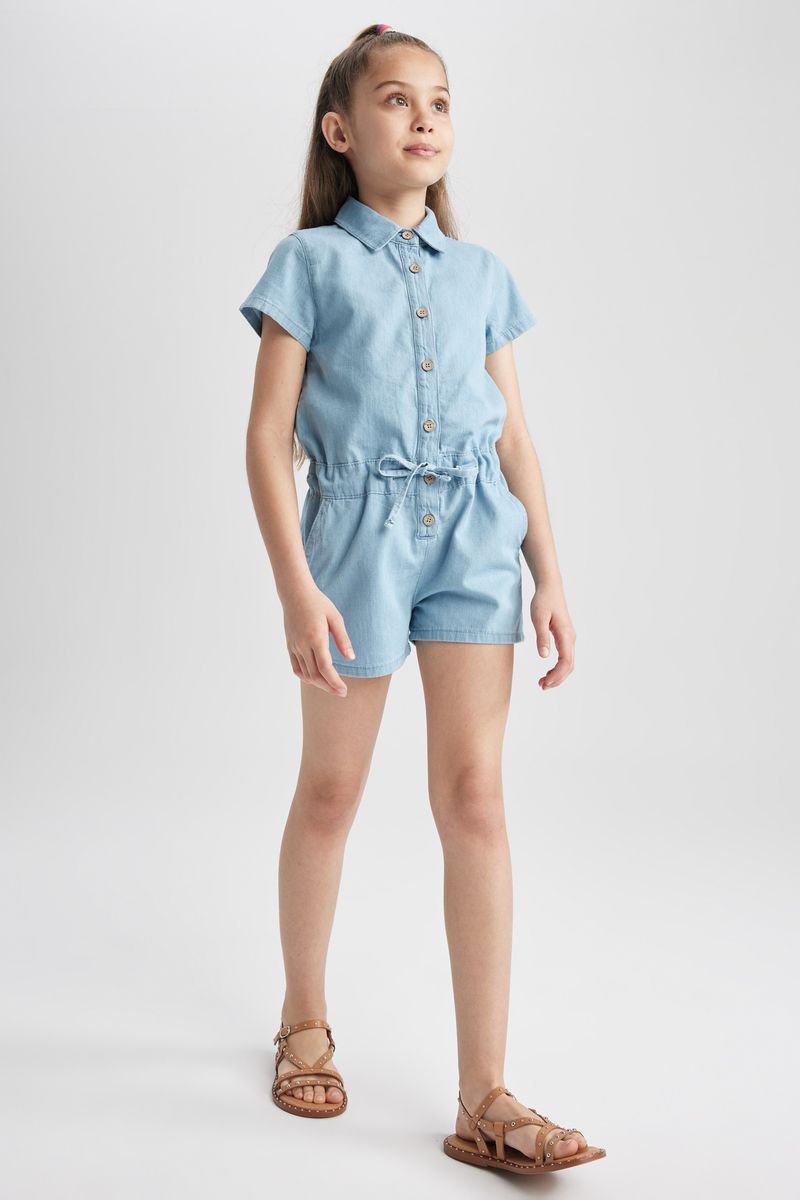 Girl Casual Short Sleeve Denim Jump Suit - Blue