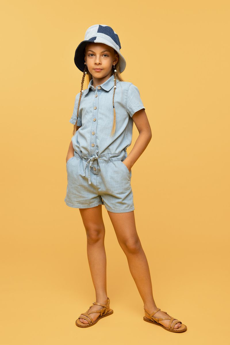 Girl Casual Short Sleeve Denim Jump Suit - Blue