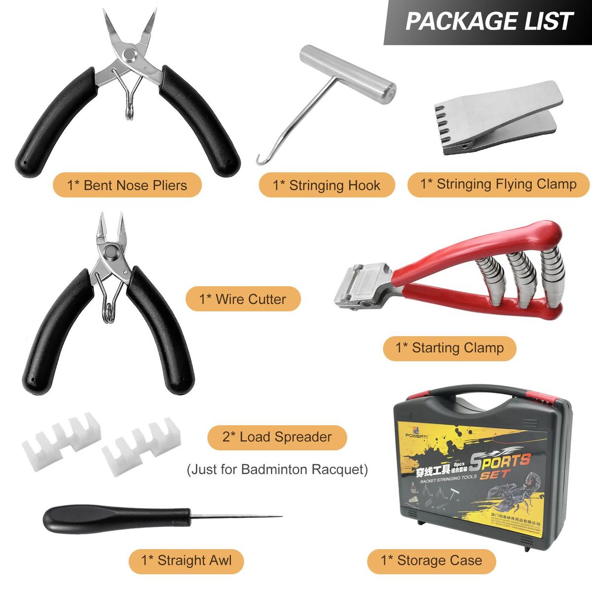 Badminton Racket Stringing Combo Tools with Starting Clamp Stringing Hook Bent Nose Pliers Flying Clamp Straight Awl