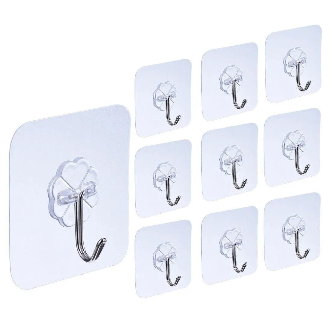 10 Packs Reusable Adhesive Hooks,Transparent Heavy Duty Wall Hooks with No Scratch, Waterproof and Oilproof for Bathr