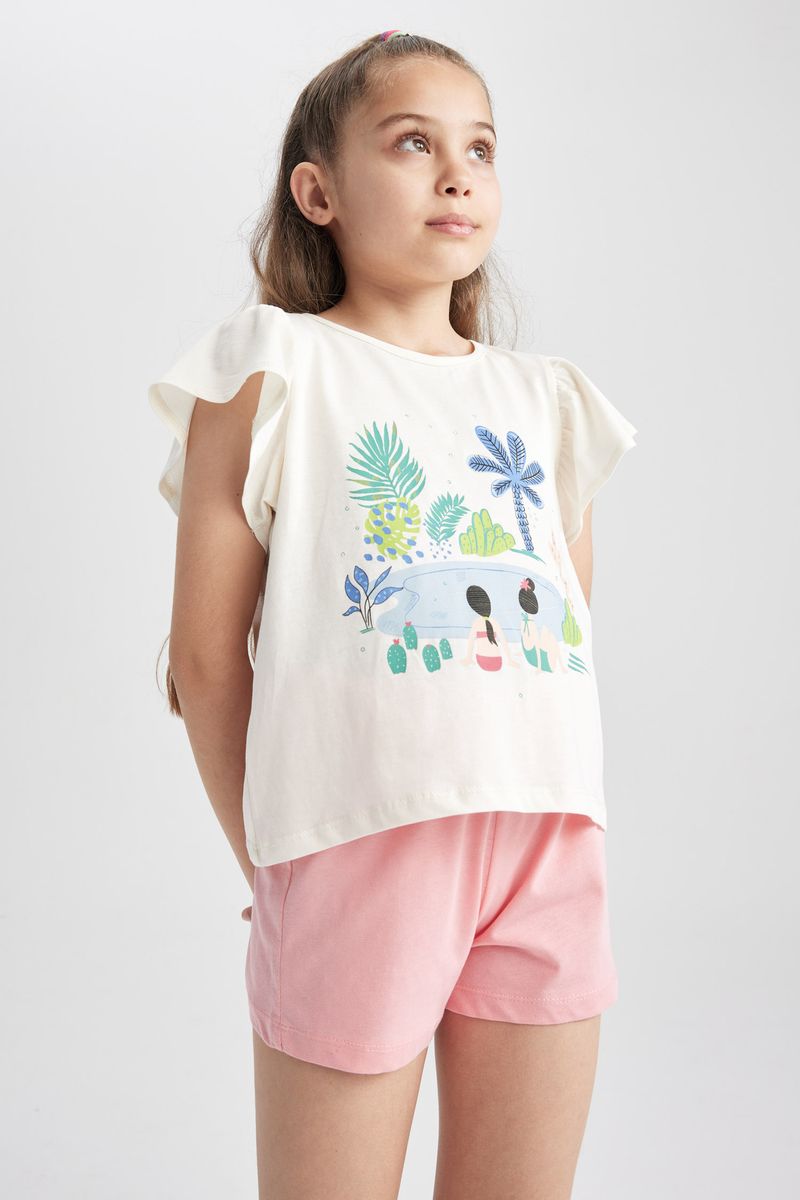 2 Piece Girl Special Collection Regular Fit Short Sleeve Knitted Pyjamas - Ecru