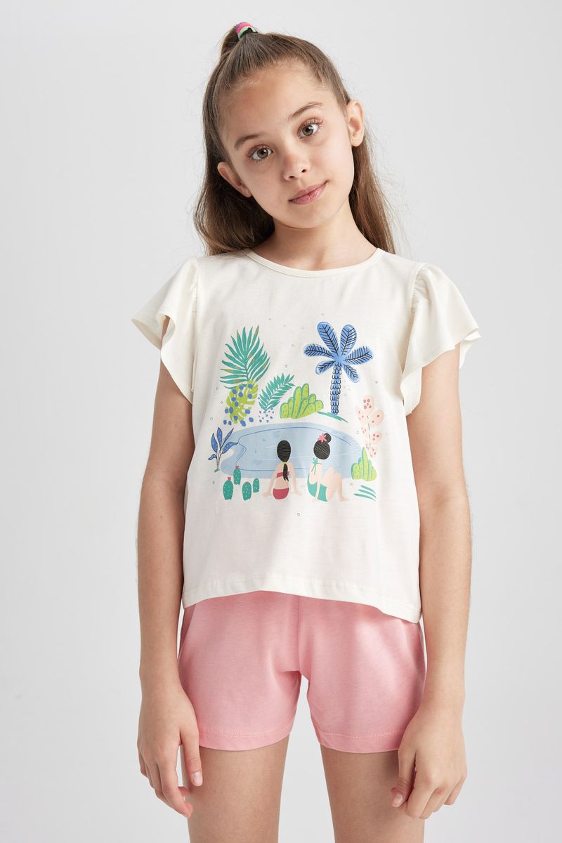 2 Piece Girl Special Collection Regular Fit Short Sleeve Knitted Pyjamas - Ecru