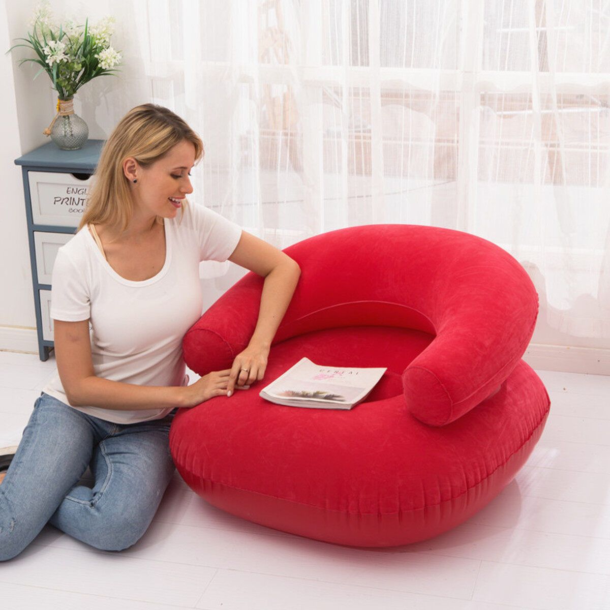 Indoor Inflatable Blow Up Dorm Room Lounge Air Chair Bean Bag Lazy Chair Red
