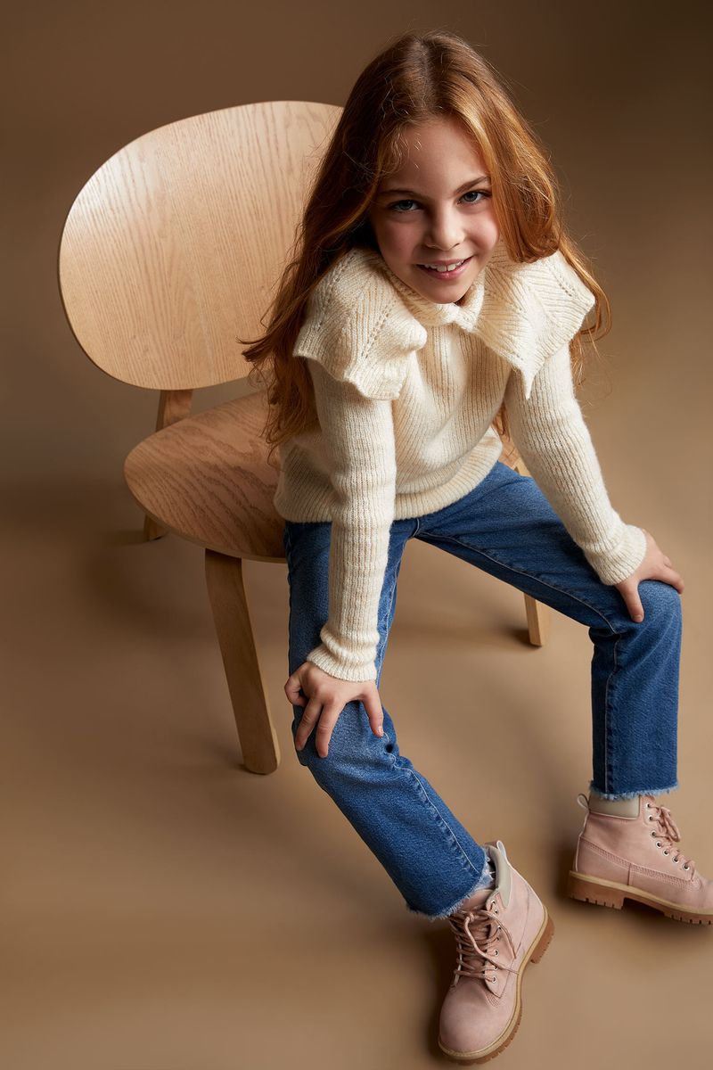 Girl Casual Regular Fit Crew Neck Tricot Pullover - Ecru