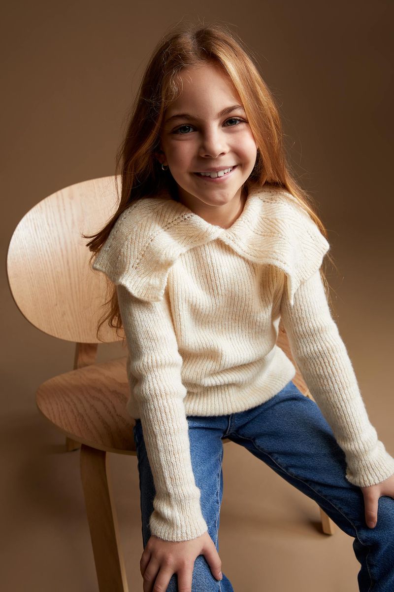 Girl Casual Regular Fit Crew Neck Tricot Pullover - Ecru