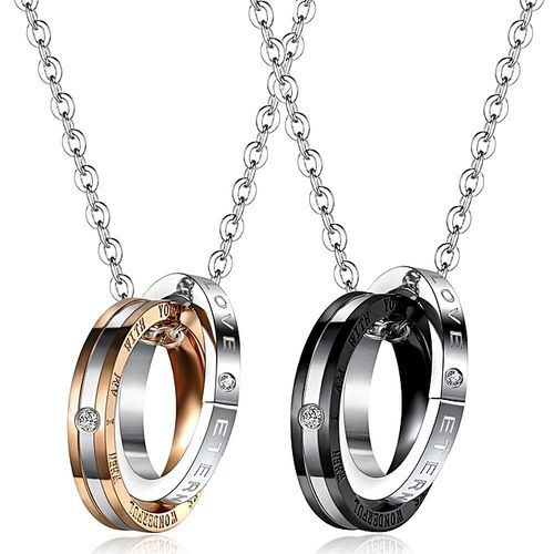 Stainless Steel Couples Eternal Love Pendant Double Ring Necklace With Chain
