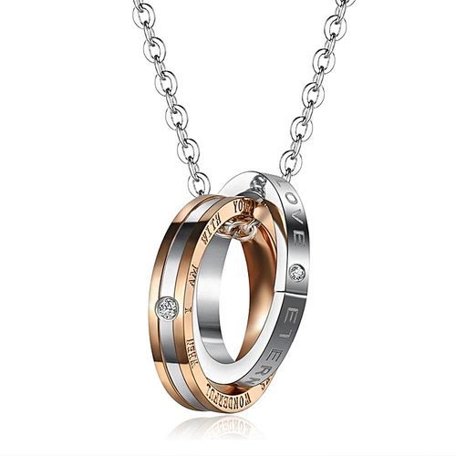 Stainless Steel Couples Eternal Love Pendant Double Ring Necklace With Chain