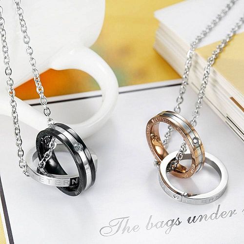 Stainless Steel Couples Eternal Love Pendant Double Ring Necklace With Chain