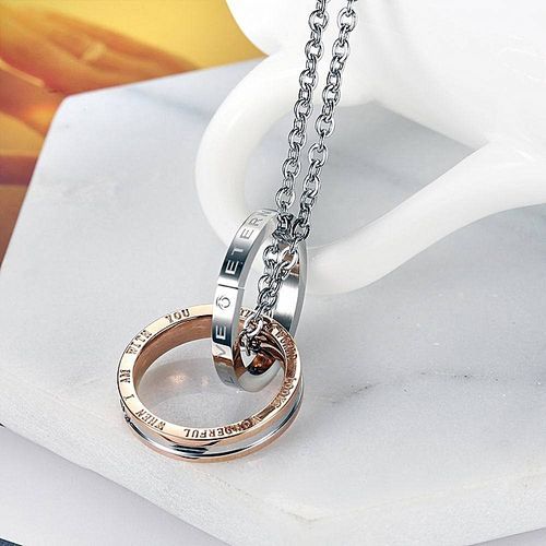 Stainless Steel Couples Eternal Love Pendant Double Ring Necklace With Chain