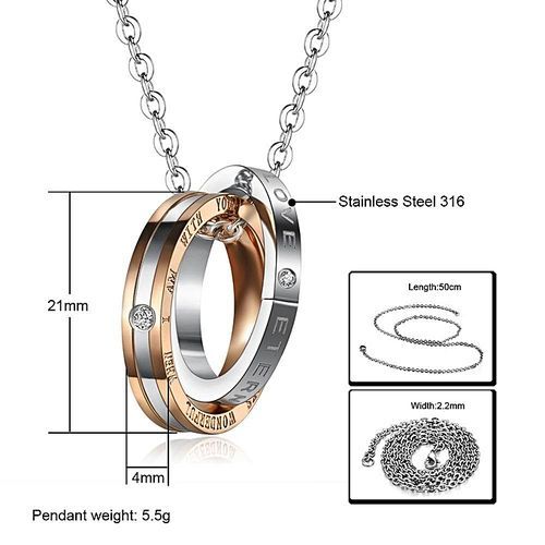 Stainless Steel Couples Eternal Love Pendant Double Ring Necklace With Chain