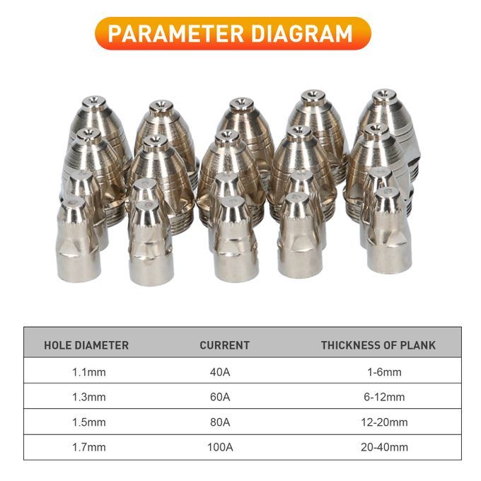 P80 20Pcs Plasma Electrode Tip Nozzle 1.1mm 1.3mm 1.5mm