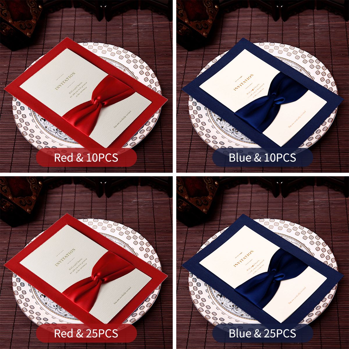 25PCS Bow Ribbons Wedding Invitations Cards With Envelopes