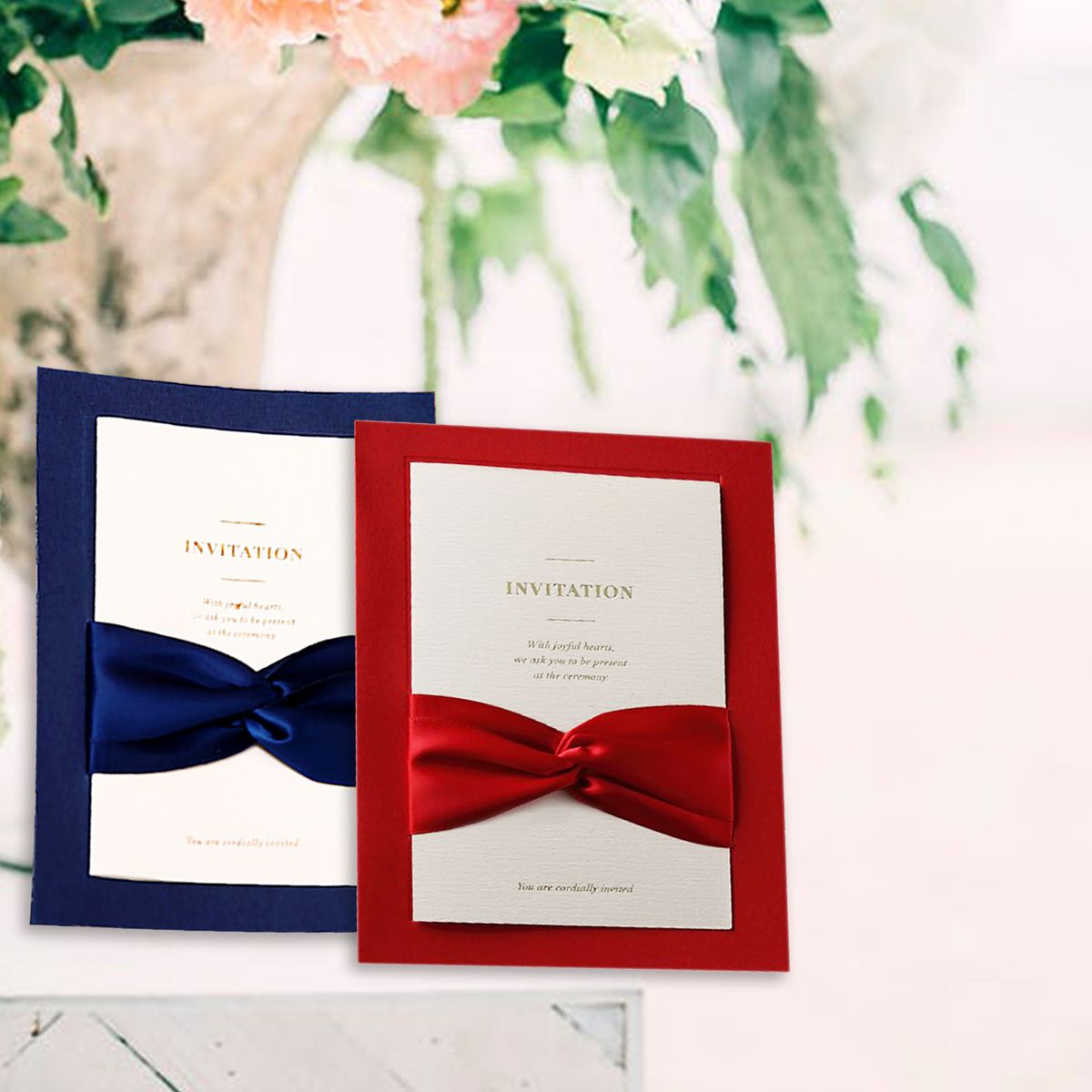 25PCS Bow Ribbons Wedding Invitations Cards With Envelopes