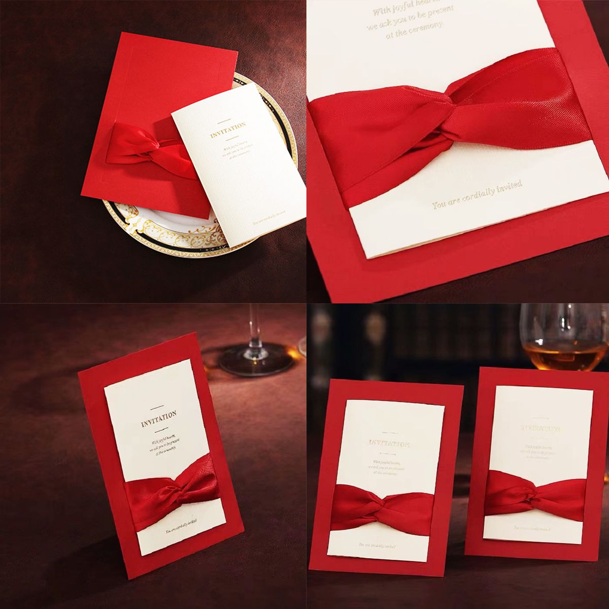 25PCS Bow Ribbons Wedding Invitations Cards With Envelopes