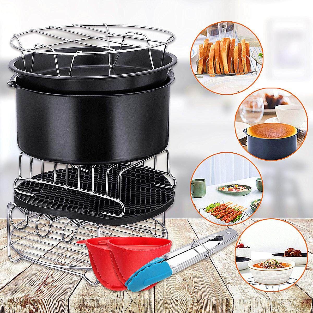 7inch 9Pcs Air Fryer Accessories Set Chips Baking Basket Pizza Pan Dish Pan And Rack