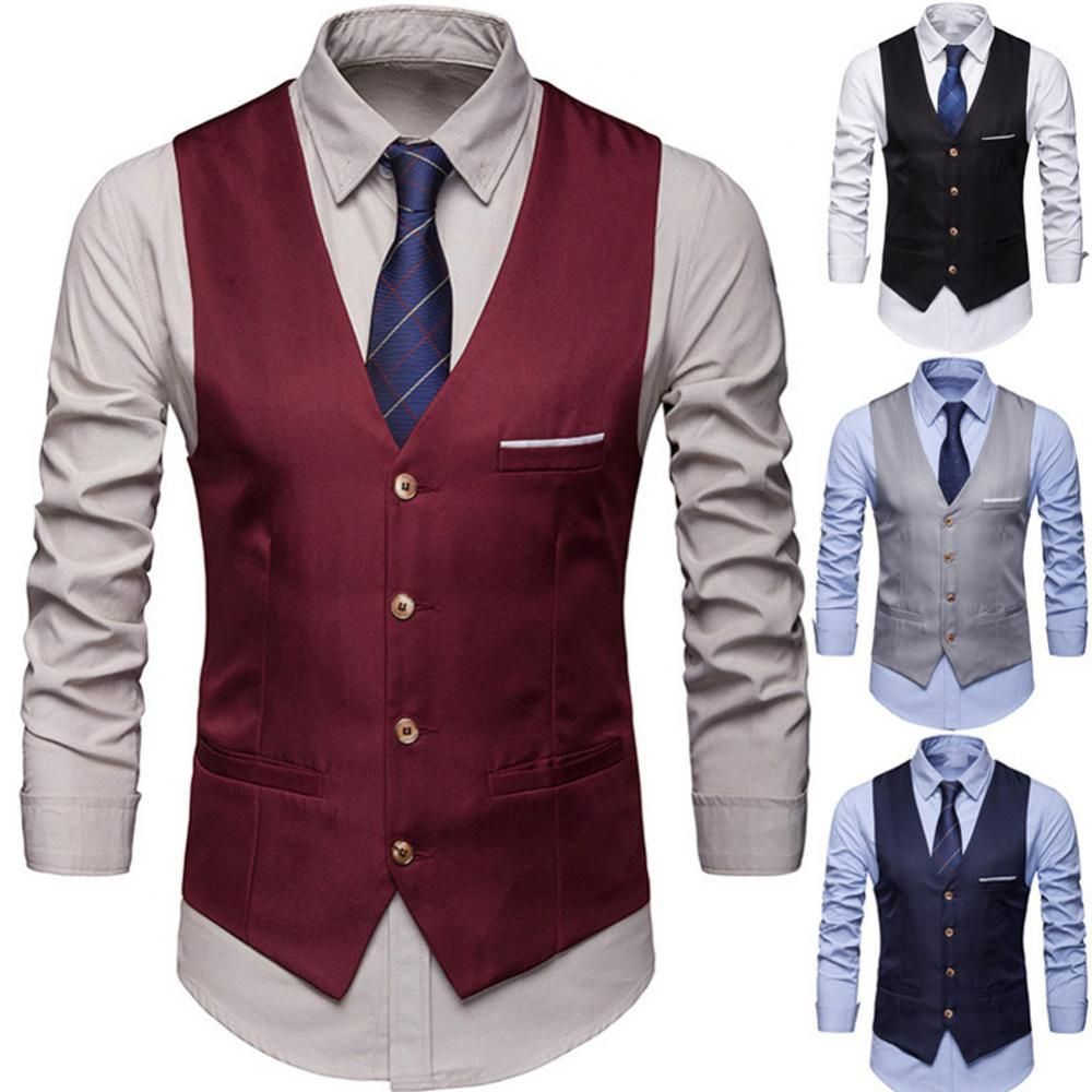 New Men Classic Formal Business Suit Vest Single Breasted Business Waistcoat Sleeveless Waistcoat Wine Red