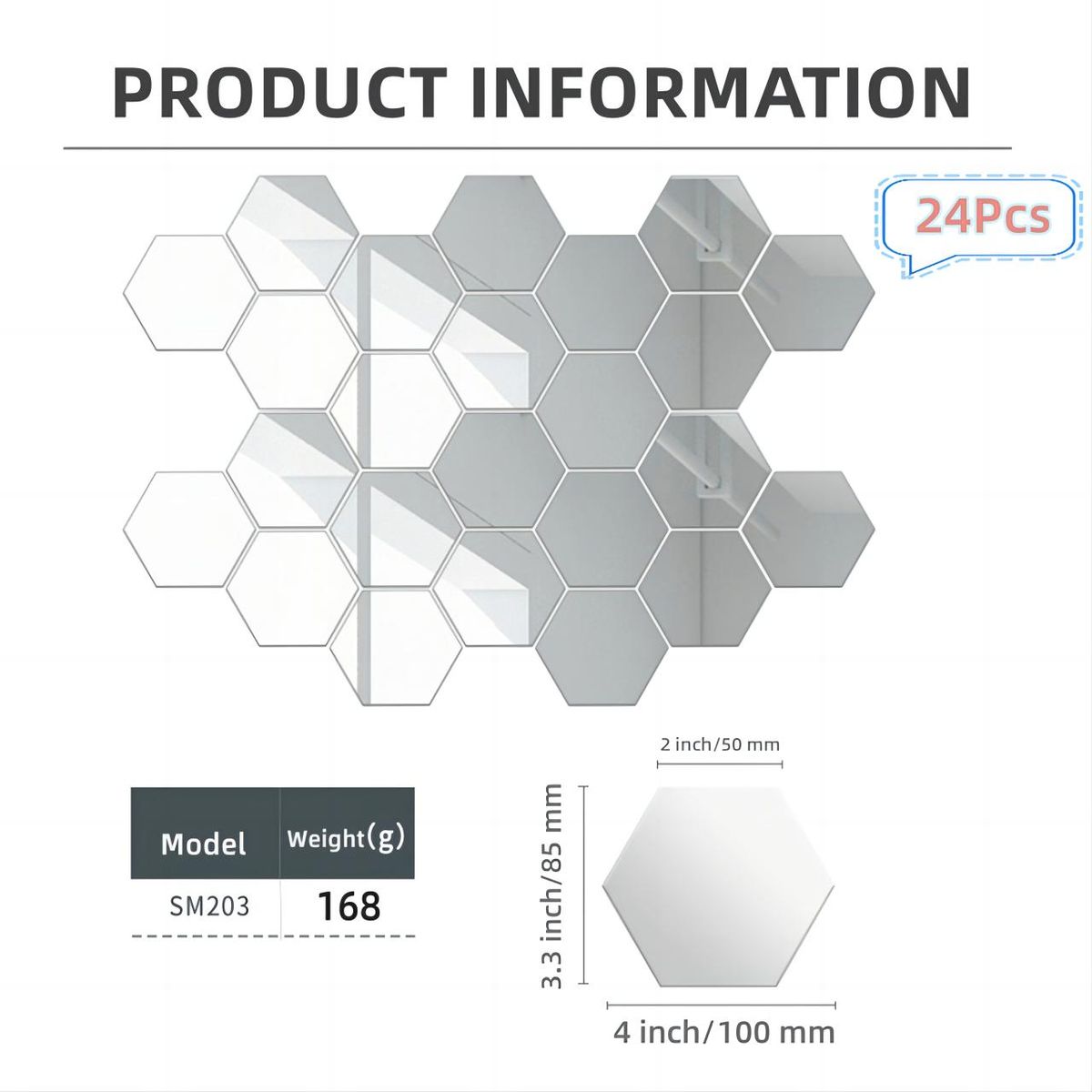 24PCS Acrylic Mirror Wall Sticker Reflective Self-adhesive Hexagon Home Decorations