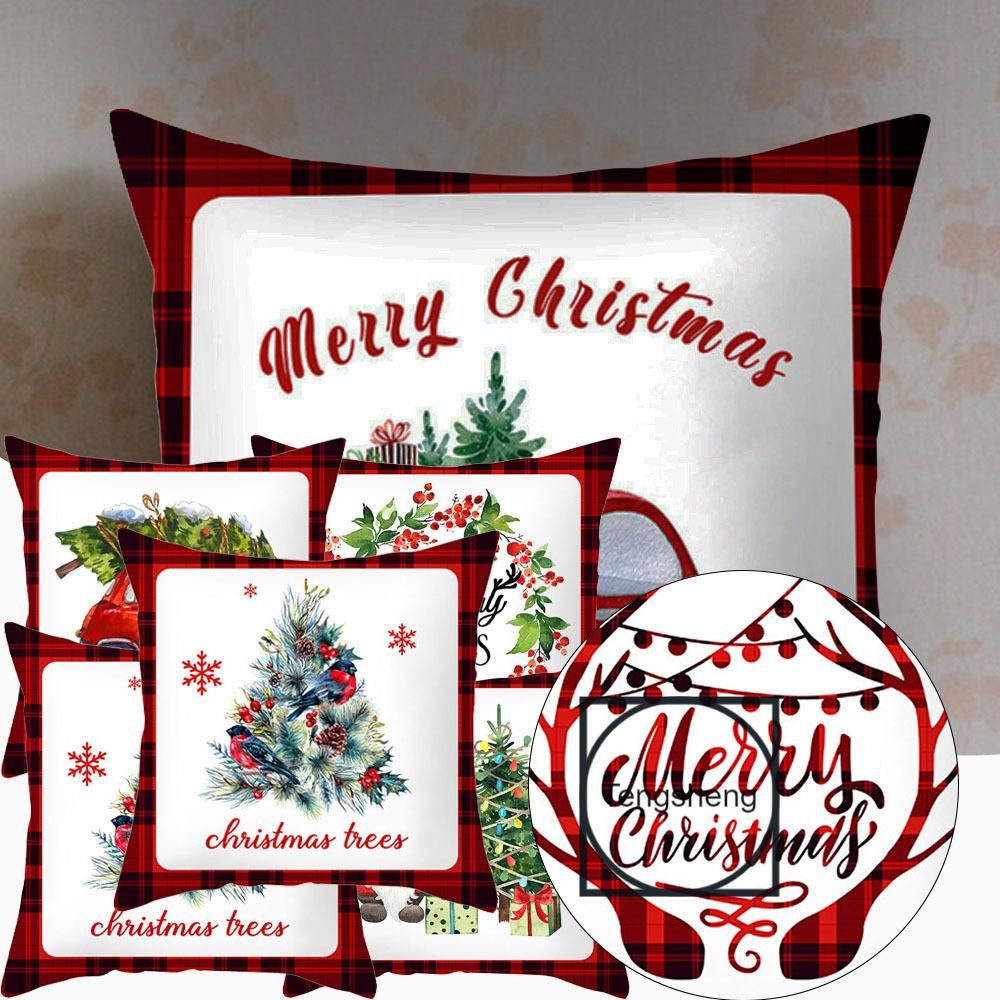 Red Plaid Christmas Pillow Case With Lovely Printed