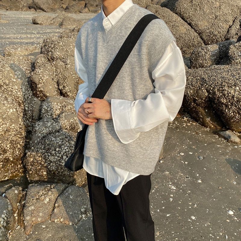 V-Neck Sleeveless Casual Knitting Vest Solid Color Tops Men's Sweater Vest