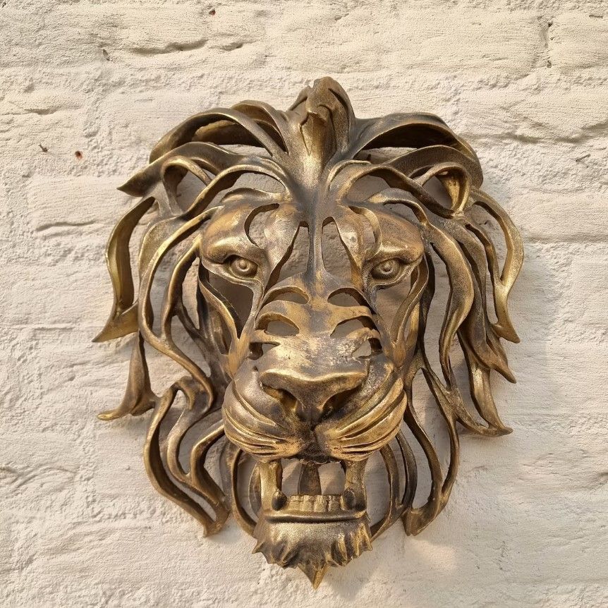 Large Lion Head Wall Mounted Art Sculpture Gold Resin Lion