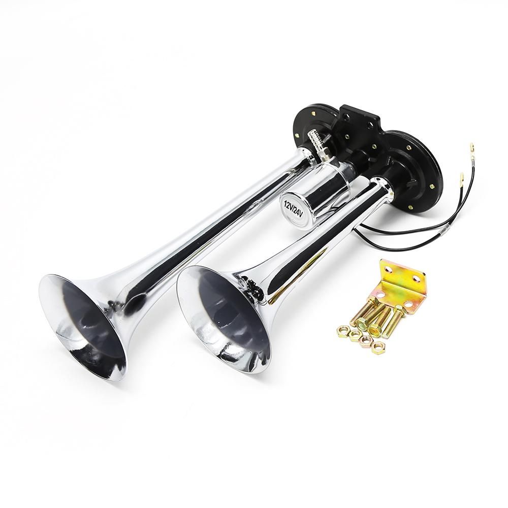 Dual Trumpet Electric Horn Loud Chrome Air Horn Speaker Kit 150dB 12V/24V Universal for Train Truck Lorry