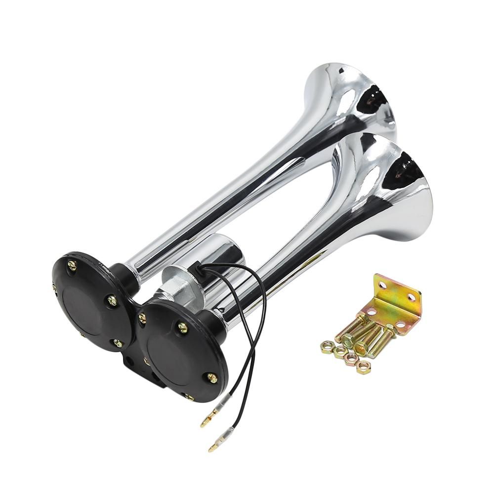 Dual Trumpet Electric Horn Loud Chrome Air Horn Speaker Kit 150dB 12V/24V Universal for Train Truck Lorry