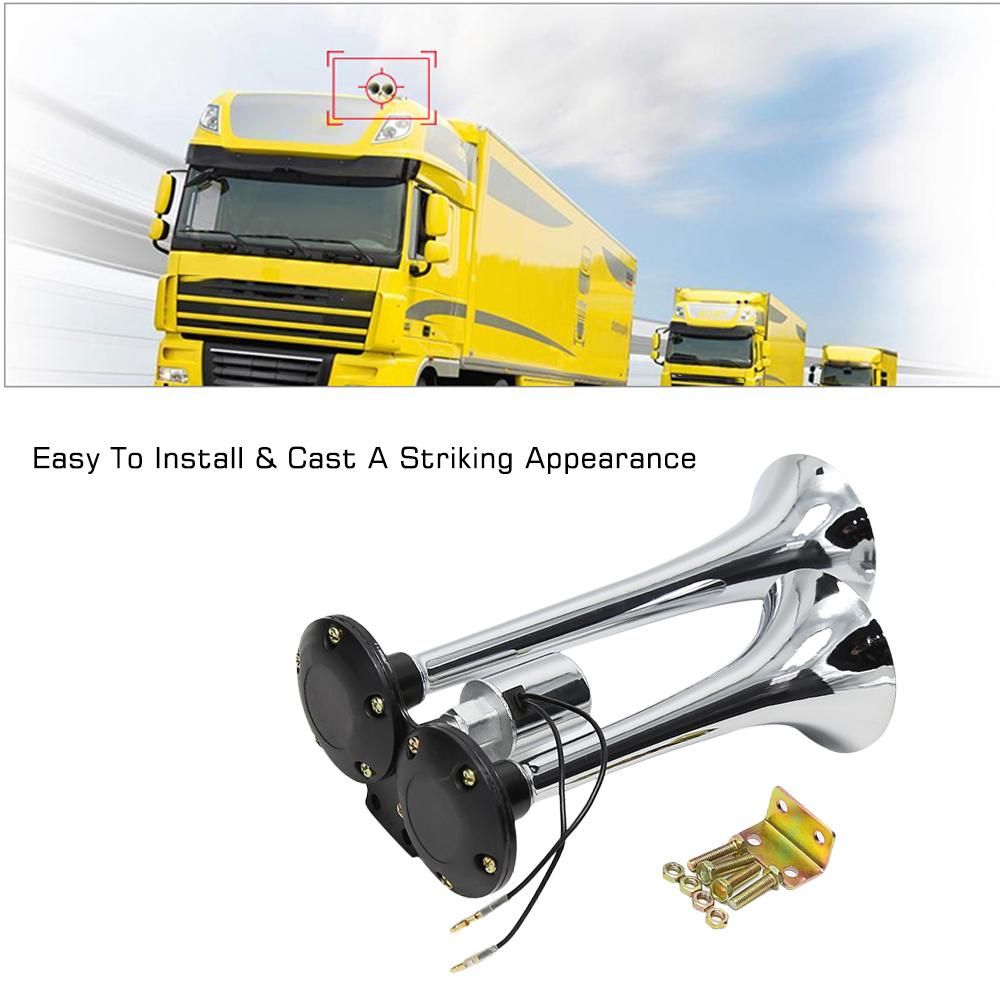 Dual Trumpet Electric Horn Loud Chrome Air Horn Speaker Kit 150dB 12V/24V Universal for Train Truck Lorry