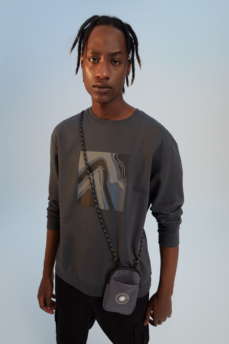 Man Knitted Relax Fit Crew Neck Long Sleeve Sweatshirt -Anthracite