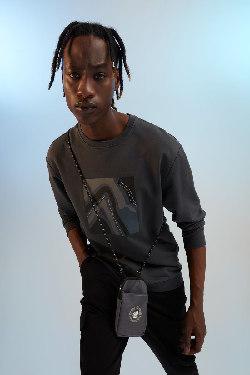 Man Knitted Relax Fit Crew Neck Long Sleeve Sweatshirt -Anthracite