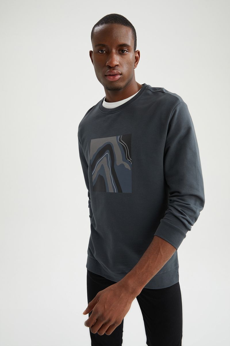 Man Knitted Relax Fit Crew Neck Long Sleeve Sweatshirt -Anthracite
