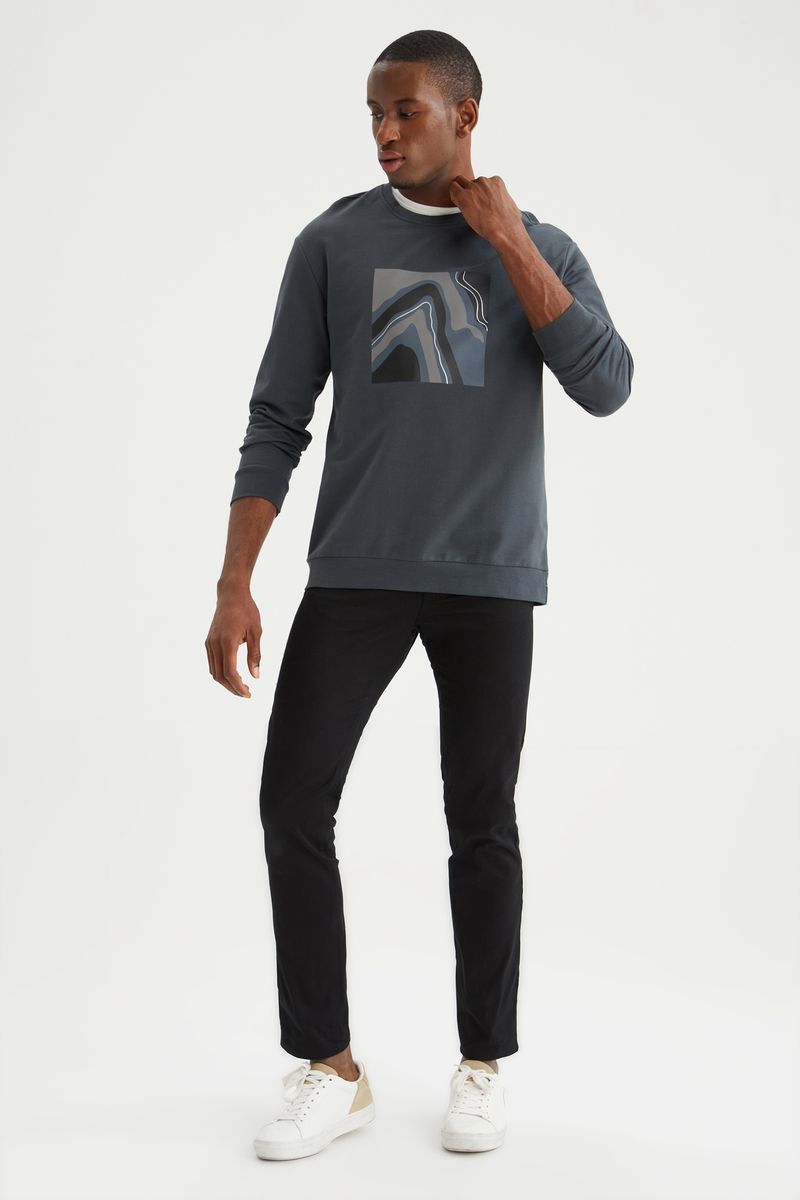 Man Knitted Relax Fit Crew Neck Long Sleeve Sweatshirt -Anthracite