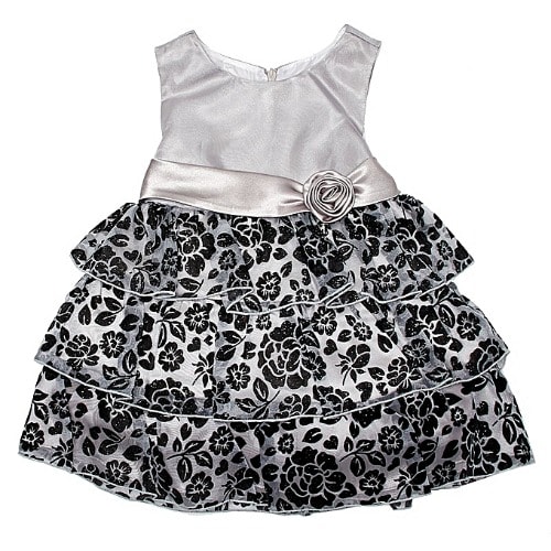 Baby Girl Flower Tier Glitter Dress- Platinum Silver
