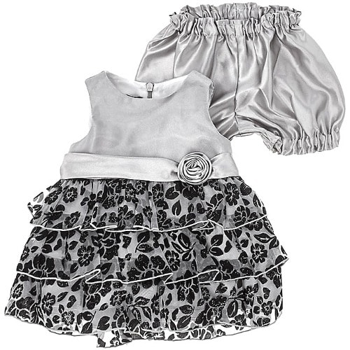 Baby Girl Flower Tier Glitter Dress- Platinum Silver