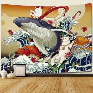 Japan Tapestry Style Surf Fish Ukiyo Wall Decorations Kanagawa Waves Printed Hanging Tapestry Whale Macrame Wall Hanging